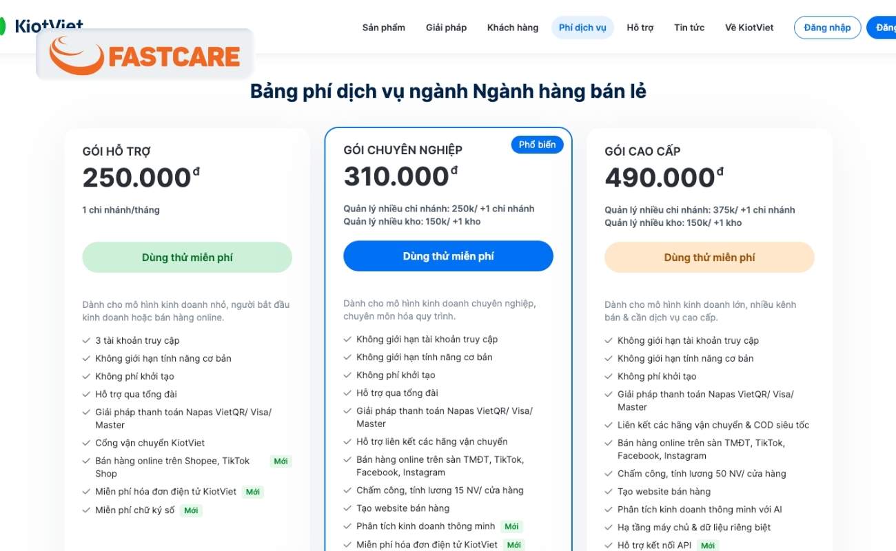 Bảng giá dịch vụ tại Kioviet