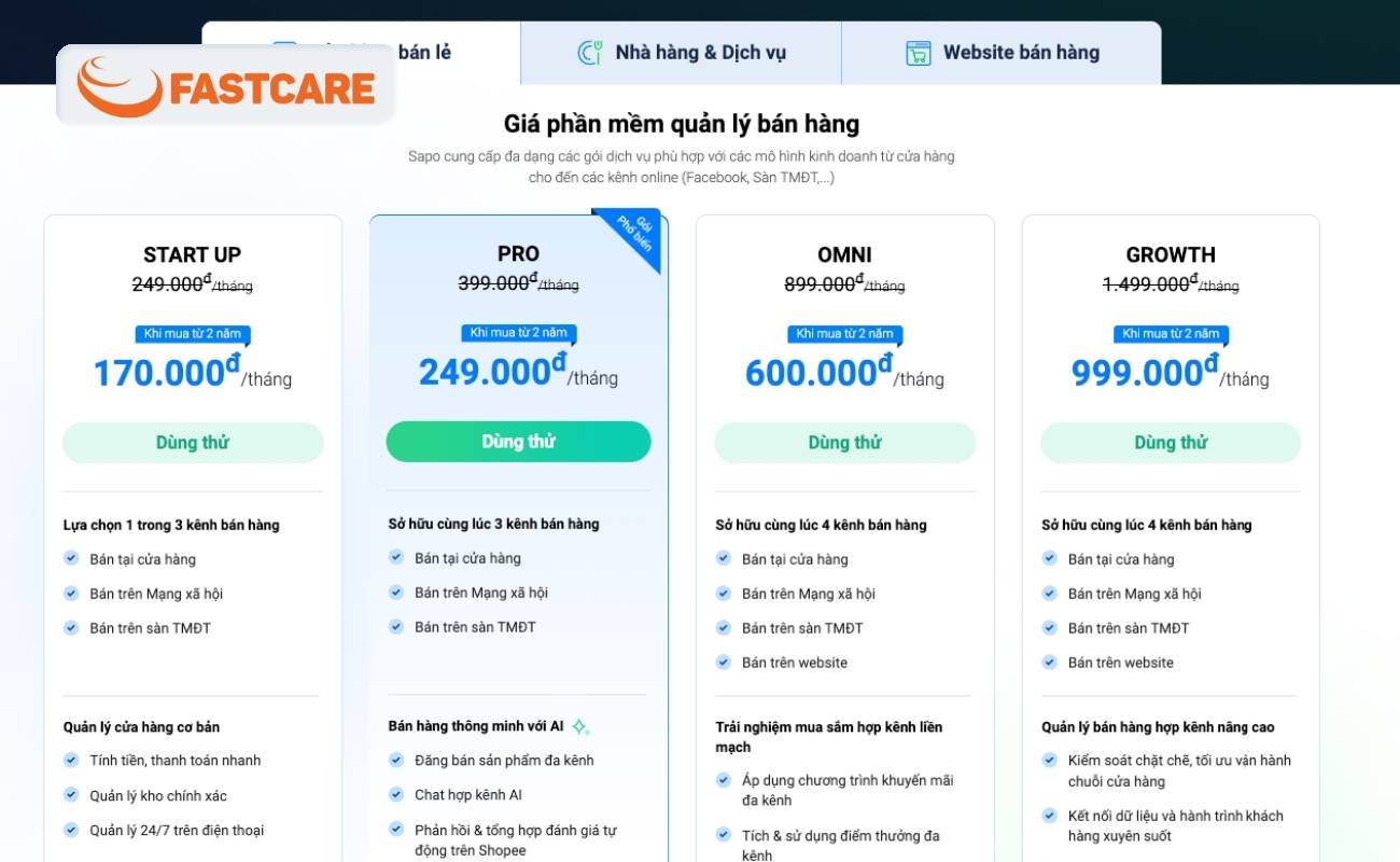 Bảng giá của Sapo