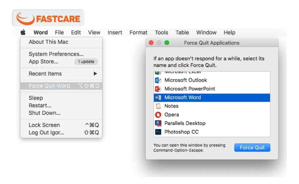 Logo Apple xong chọn vào Force Quit