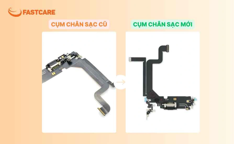 Cụm chân sạc iPhone 14 Pro Max trước và sau