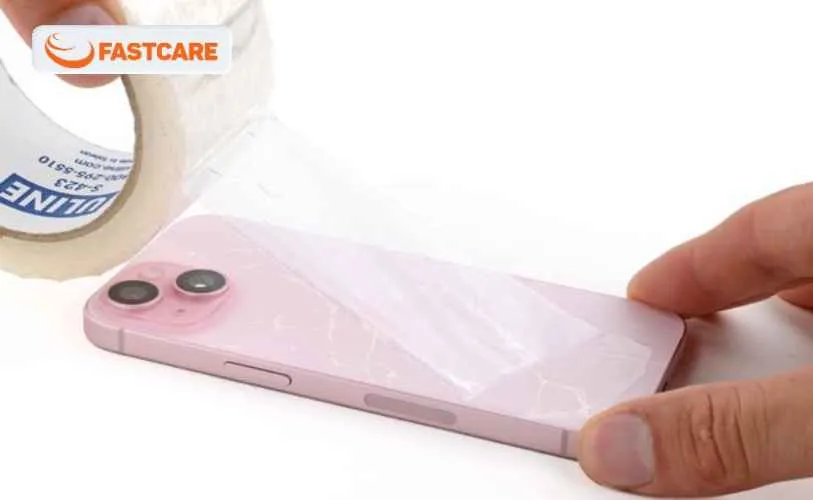 dán 1 đến 2 lớp băng keo trong vào khu vực kính bị vỡ
