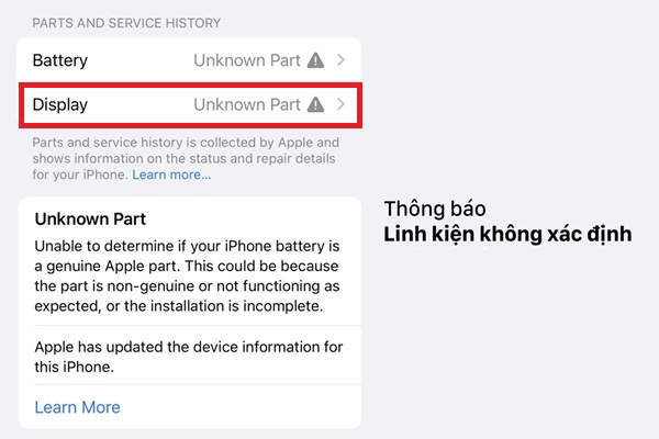 Cảnh báo linh kiện không xác định trên iPhone