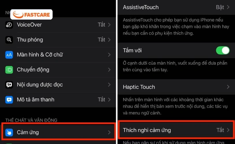 Thao tác bật Thích nghi cảm ứng