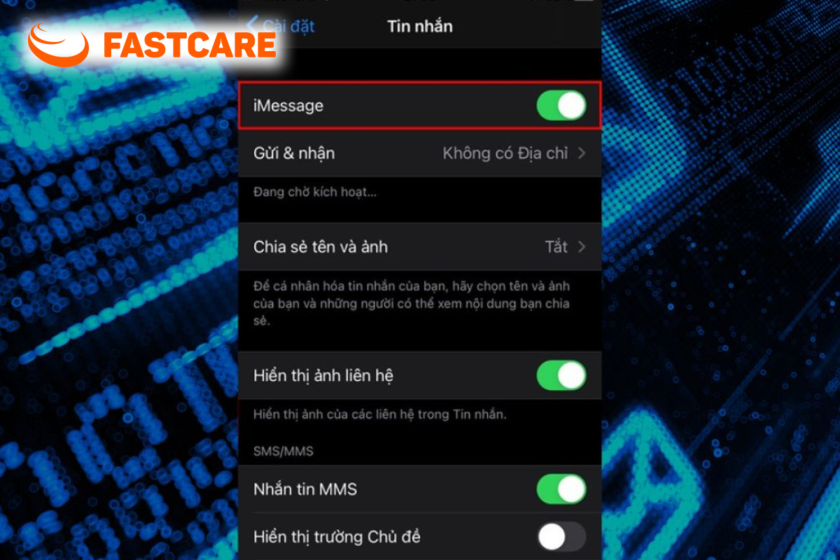 Minh họa kiểm tra kích hoạt và địa chỉ gửi iMessage