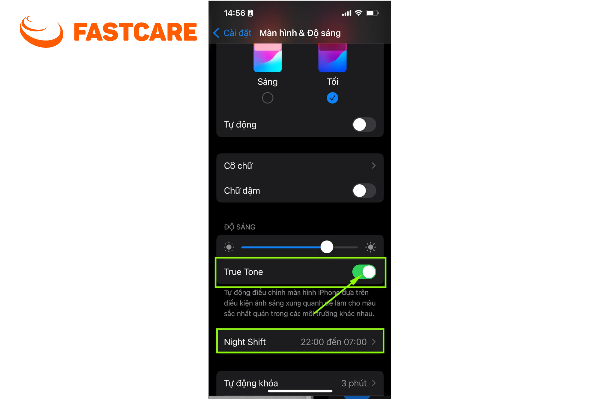 Minh họa kiểm tra Night Shift và True Tone trên iPhone