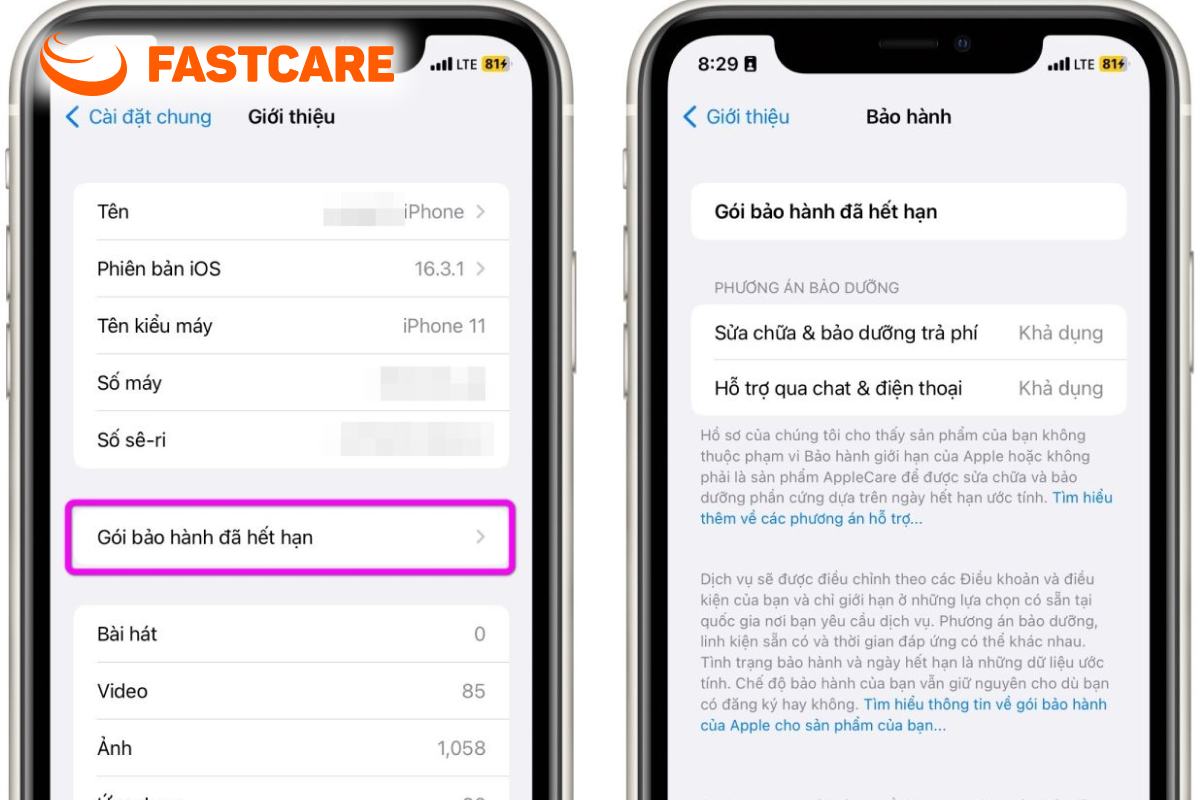 Minh họa tra cứu thông tin bảo hành iPhone trước khi sửa
